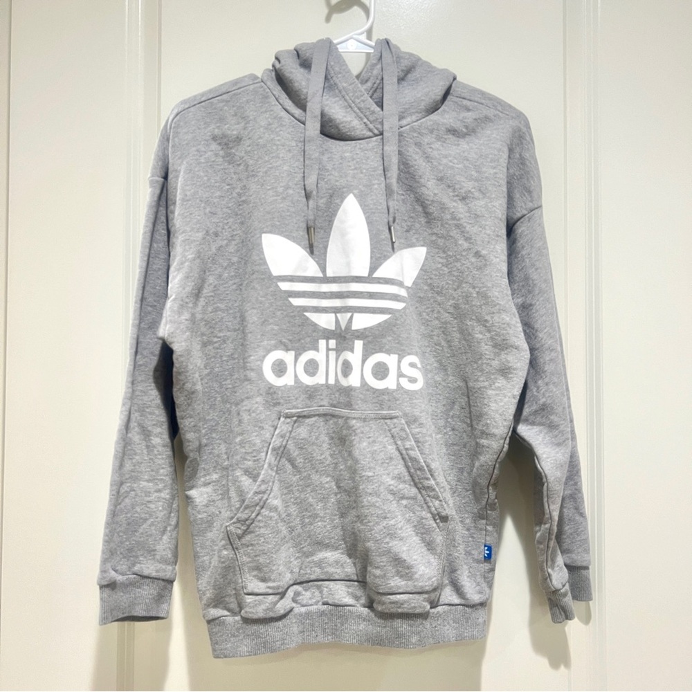 Adidas big trefoil logo gray hooded pulllover sweatshirt size Small